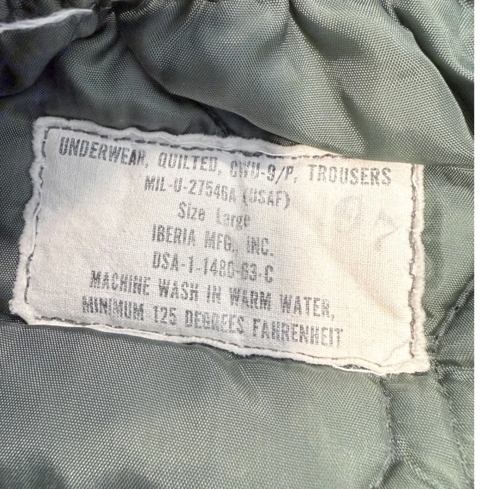 Vintage USAF CWU-9/P Quilted Trousers Sage Green Military Pants Large Iberia Mfg